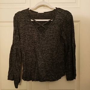 Crisscross V-neck Black Shirt